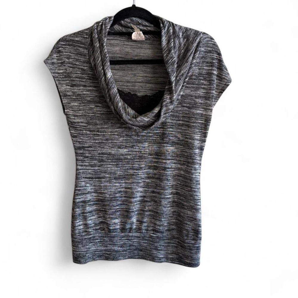 Grey Heather Cowl Neck Tunic with Black Lace Detail Size XL